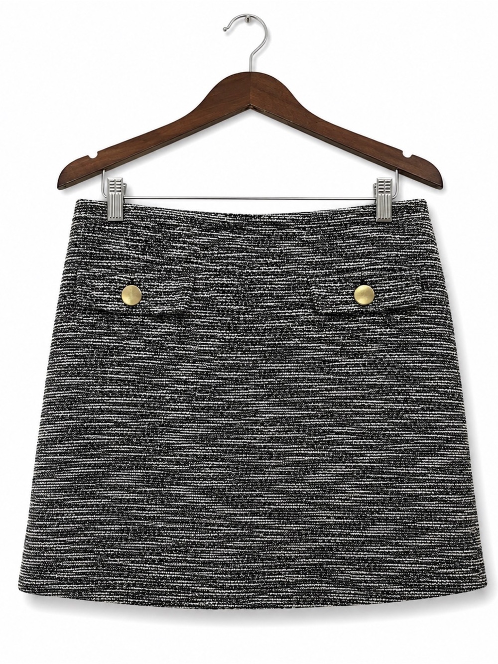 LOFT Outlet Tweed Mini Skirt Black White A-Line Gold Buttons Size 8